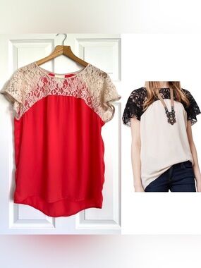 MAEVE ANTHROPOLOGIE Penumbra Blouse Bright Coral Cream Lace Relaxed Fit Sz Small